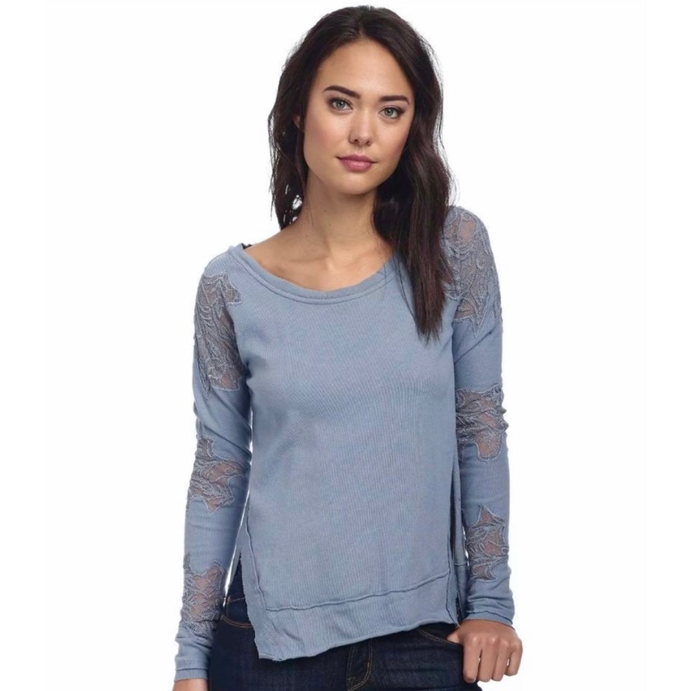 Free People Blue Grandpa Jersey Outer Sunset Long-Sleeve Mesh-Inset Top